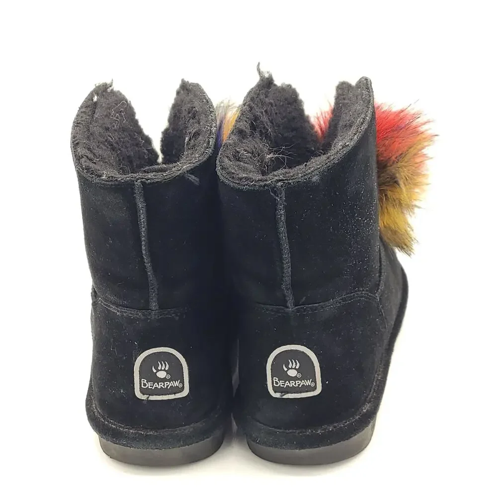 BEARPAW boots Libby Suede Sheepskin wool Black Multicolor Pom Size 9